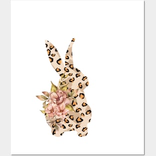 Cute leopard floral boho bunny silhouette illustration Posters and Art